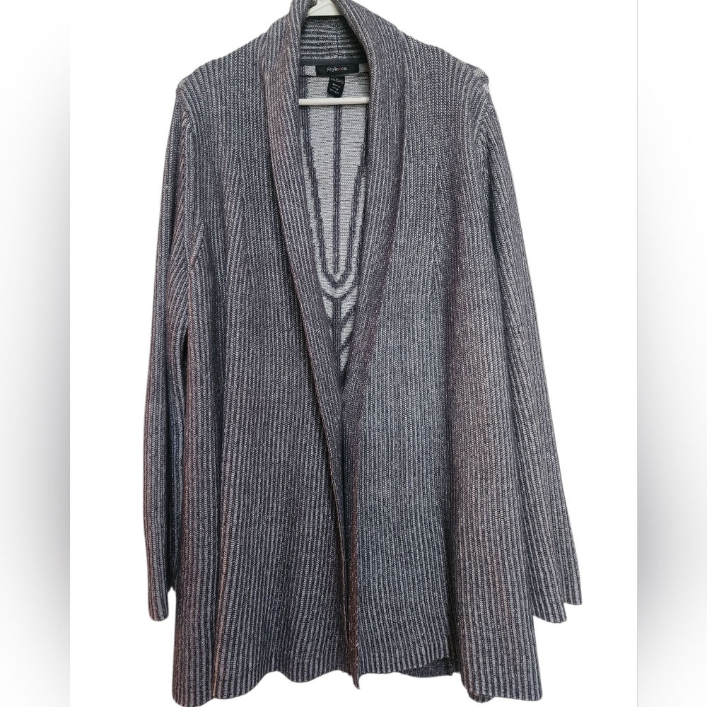 Style & Co Gray Cream Open Front Knit Long Cardigan SZ Large